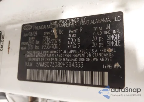 2009 Hyundai Santa Fe Gls из США, поврежденный, VIN 5NMSG73D89H294353